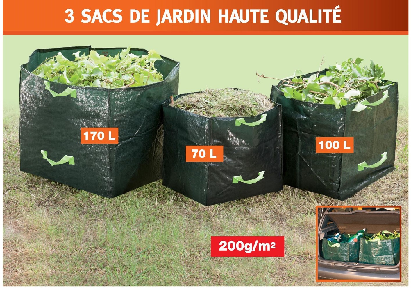 Lot de 3 sacs jardin avec poignées.