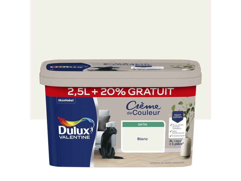 Peinture Crème de couleur Blanc Satin 2,5L+20% - DULUX VALENTINE