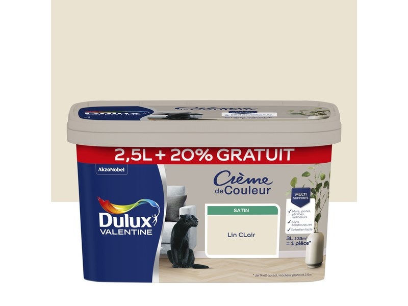 Peinture Crème de couleur satin lin clair 2,5L + 20% gratuits - DULUX VALENTINE