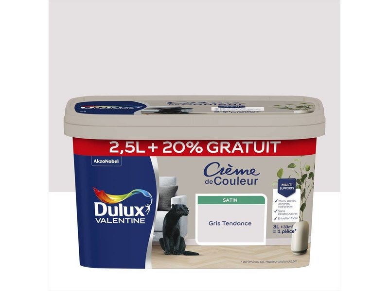 Peinture Crème de couleur satin gris tendance 2,5L + 20% gratuits - DULUX VALENTINE