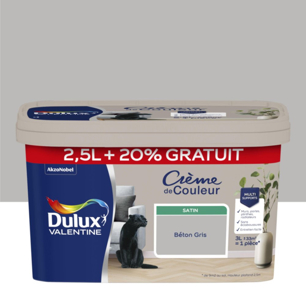 Peinture Crème de couleur satin béton gris 2,5L + 20% gratuits - DULUX VALENTINE