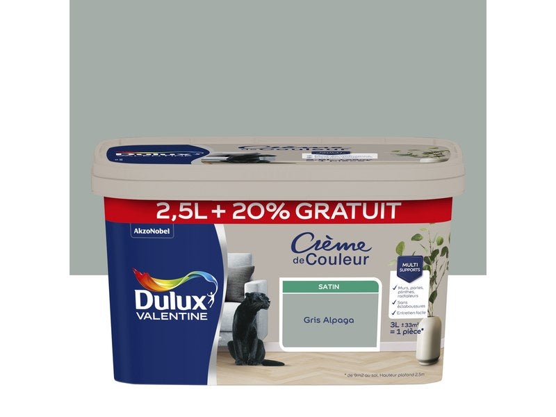 Peinture Crème de couleur satin gris alpaga 2,5L + 20% gratuits - DULUX VALENTINE