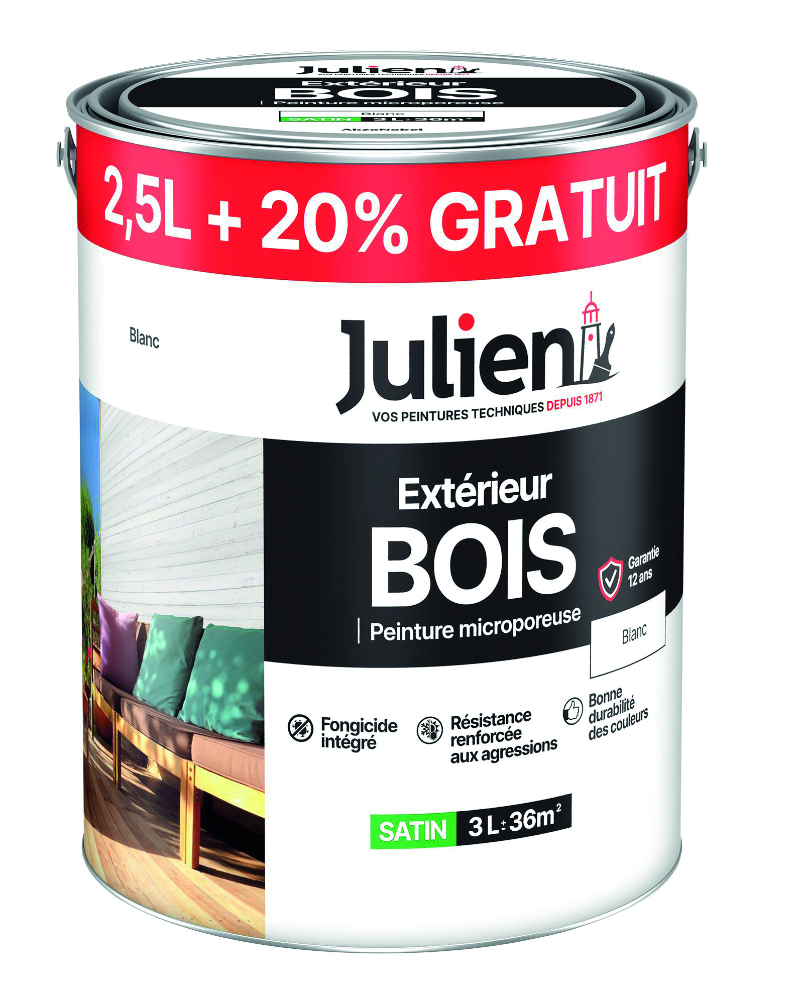 Peinture bois extérieur Blanc 2,5L+20% - JULIEN