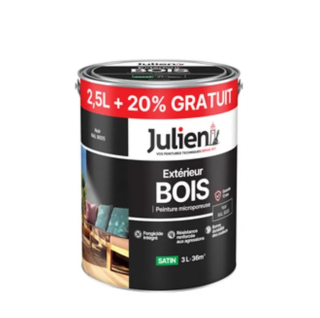 Peinture bois extérieur Noir 2,5L+20% - JULIEN