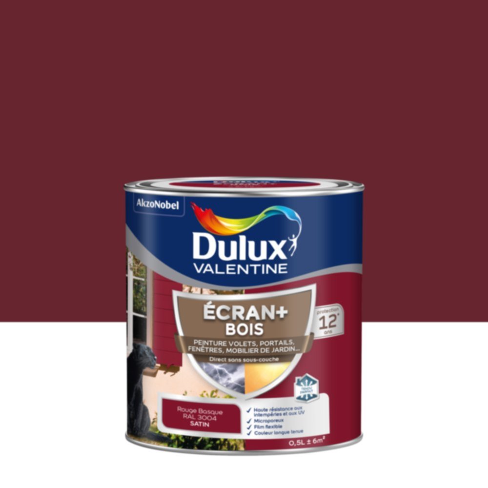 Peinture Ecran+ Bois Satin Rouge Basque 0,5L - DULUX VALENTINE