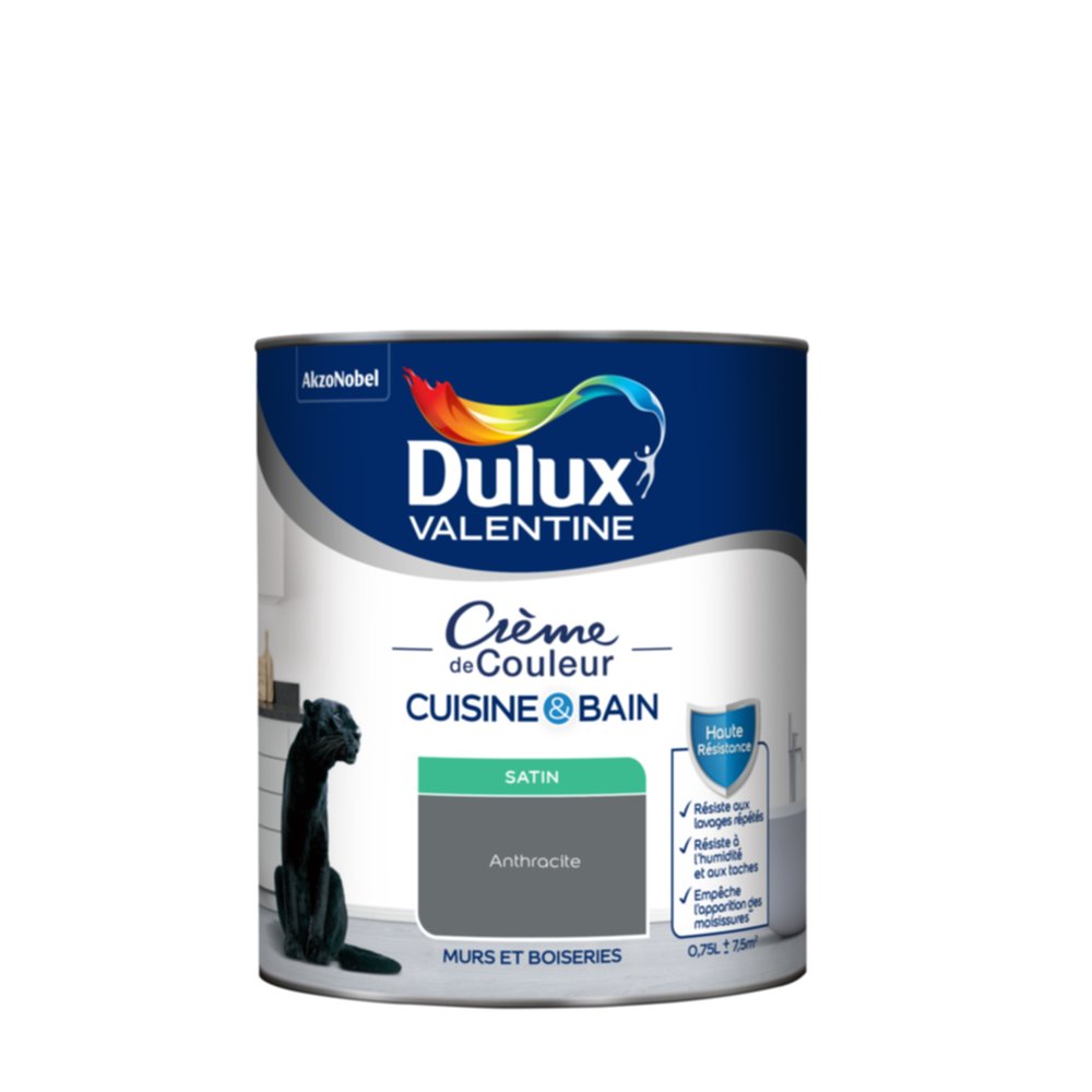 Peinture Crème de Couleur Cuisine et Bain Satin Anthracite 0,75L - DULUX VALENTINE