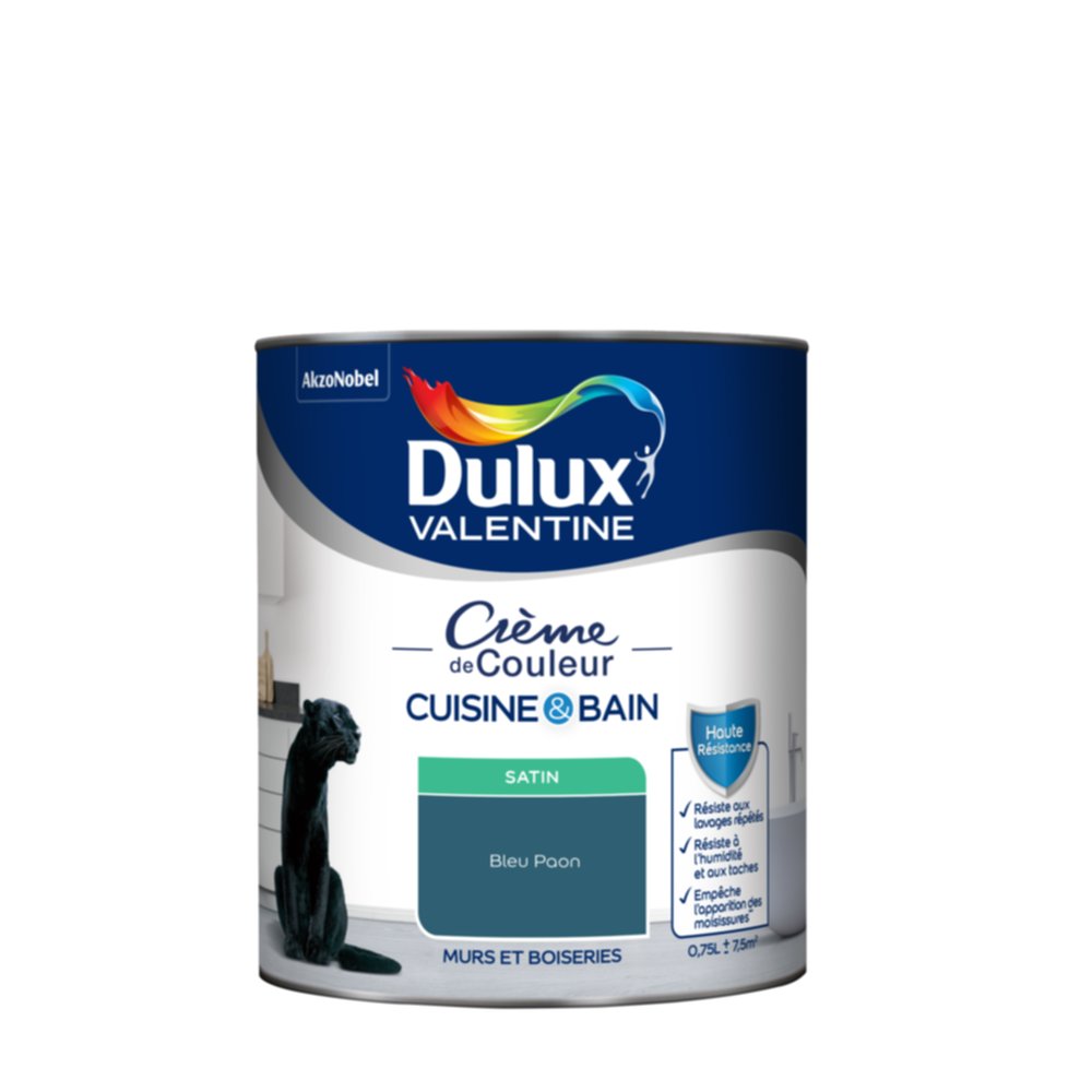 Peinture Crème de Couleur Cuisine et Bain Satin Bleu Paon 0,75L - DULUX VALENTINE