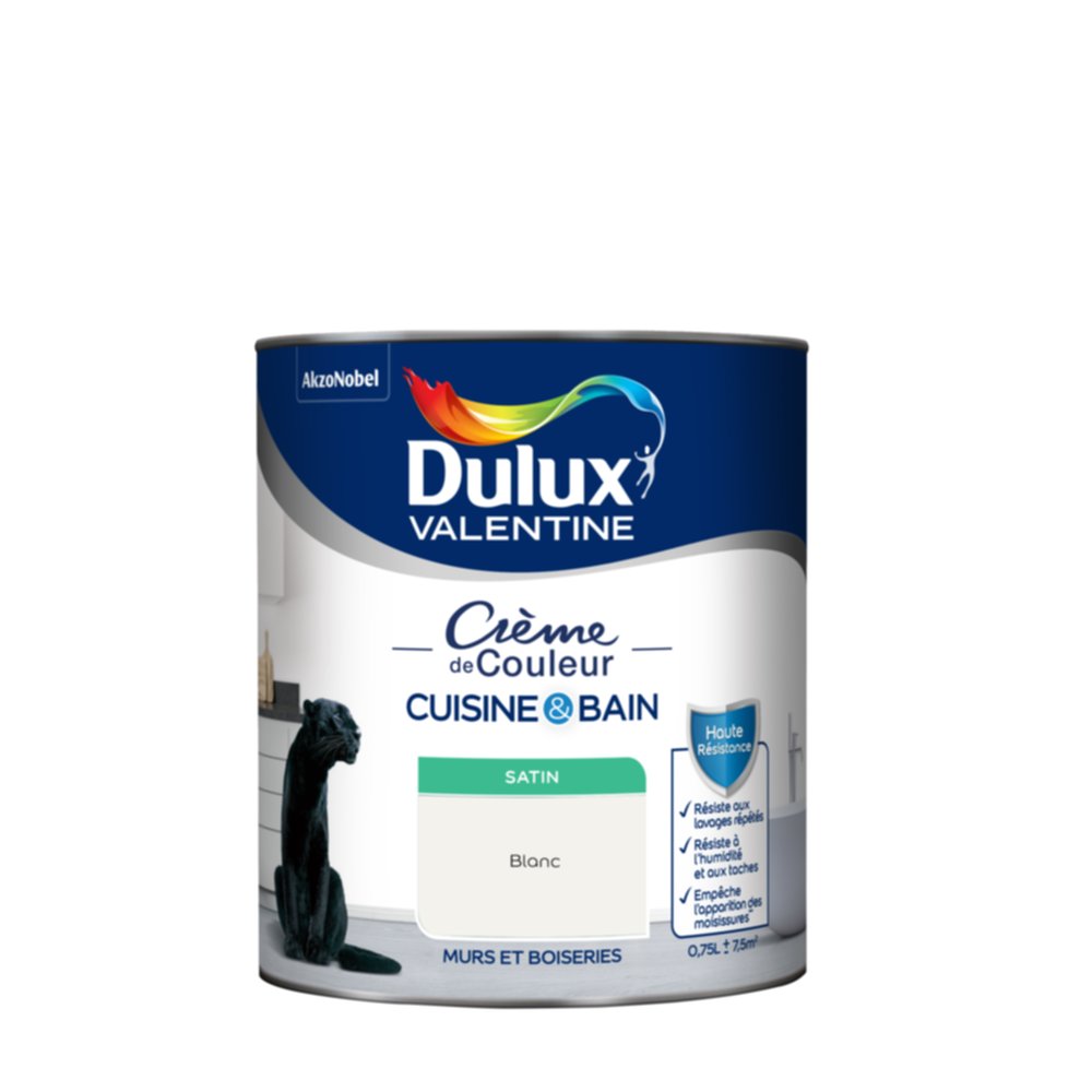 Peinture Crème de Couleur Cuisine et Bain Satin Blanc 0,75L - DULUX VALENTINE