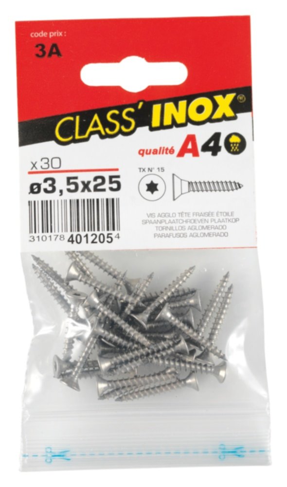 30 Vis agglo tête fraisée étoile inox A4 3,5x25 - CLASS'INOX