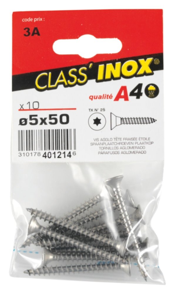 10 Vis agglo tête fraisée étoile inox A4 5x50 - CLASS'INOX