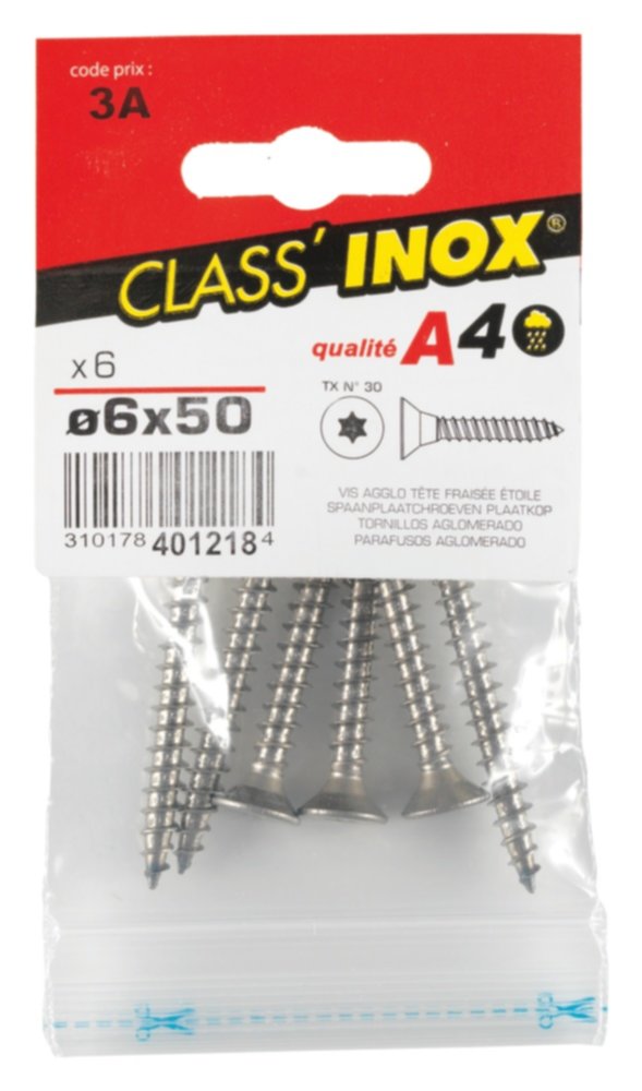 6 Vis agglo tête fraisée étoile inox A4 6x50 - CLASS'INOX