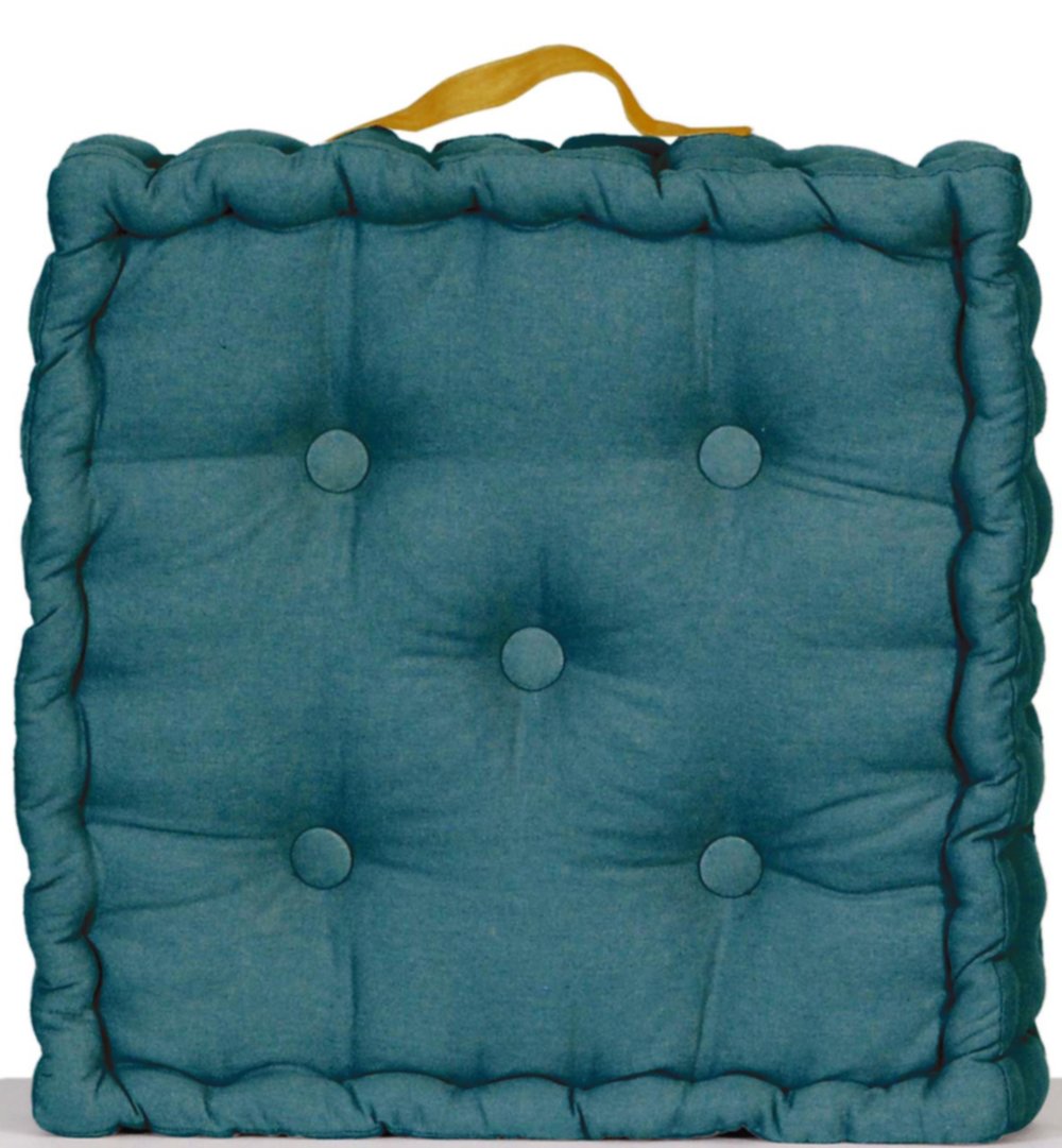 Coussin de sol carré 40x40cm bleu canard/moutarde