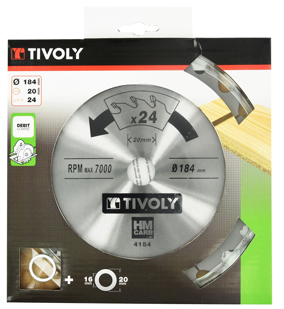 Lame scie circulaire bois Ø184 mm/24 dents alésage 20-16mm