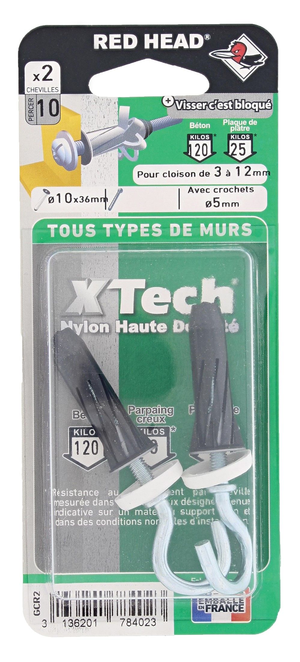 2 chevilles Xtech Ø10x36mm + crochets universelle