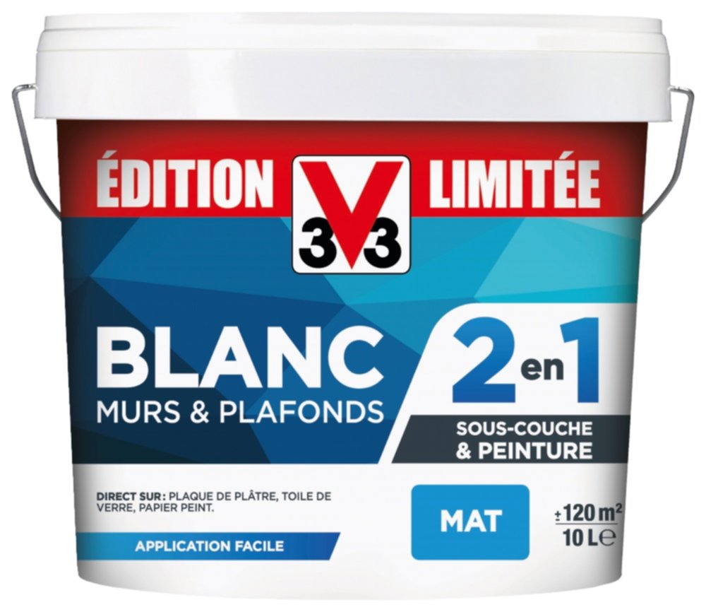 Peinture 2 en 1 Murs et Plafonds Blanc Mat 10L - V33