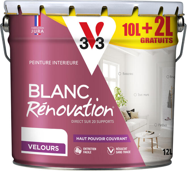 Peinture Blanc Rénovation Monocouche velours 10+2L gratuits - V33