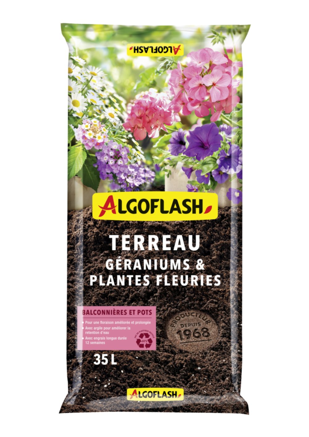 Terreau Géraniums et Plantes Fleuries à Rétention d'Eau d'Origine Naturelle 35L - ALGOFLASH