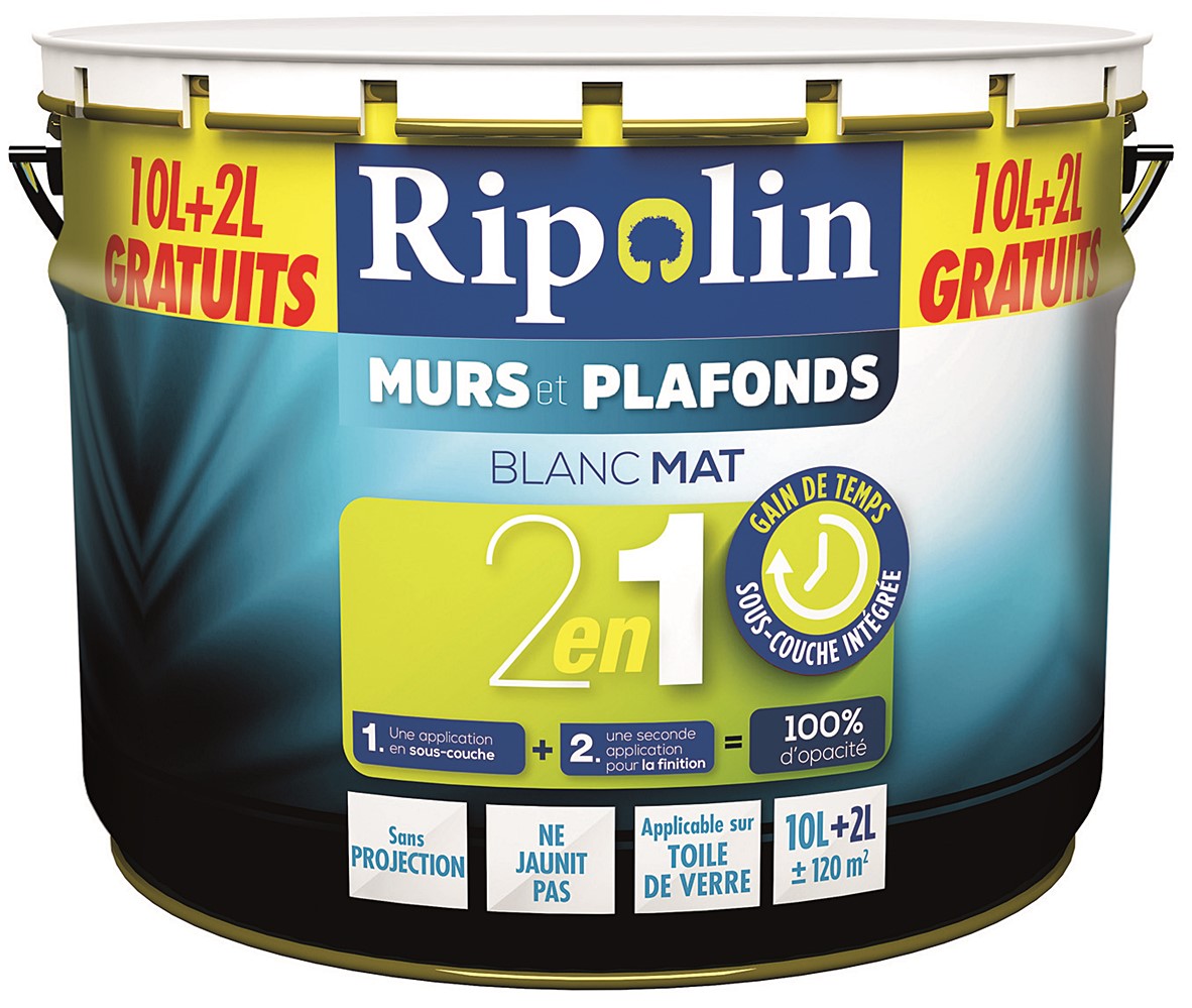 PEINTURE MURS ET PLAFONDS MATE 10 L + 20% AVEC SOUS COUCHE INTEGREE - RIPOLIN