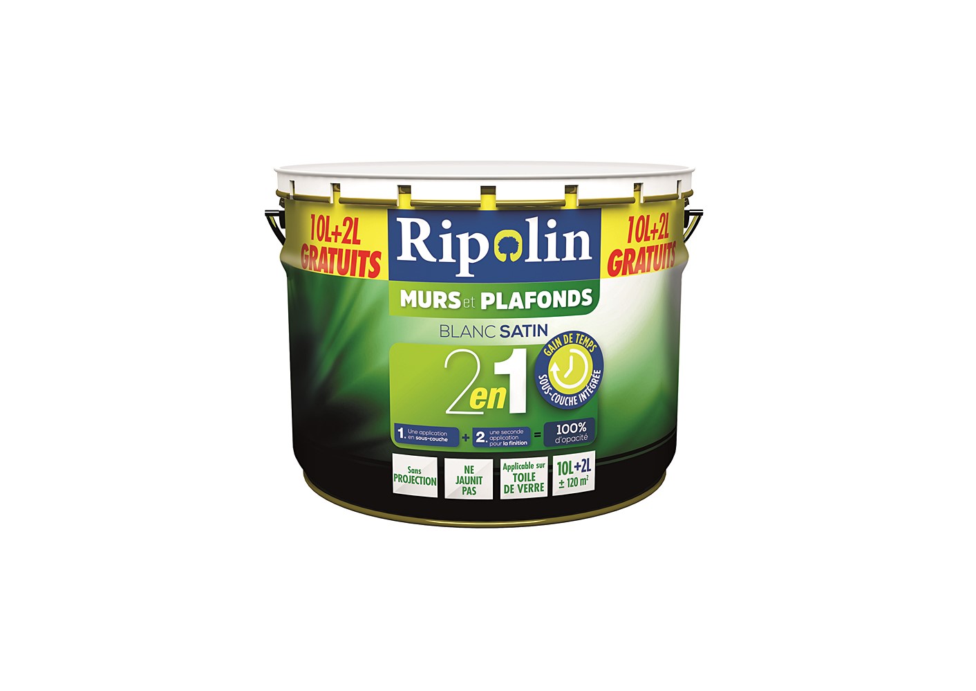 PEINTURE MURS ET PLAFONDS SATIN 10 L + 20% AVEC SOUS COUCHE INTEGREE - RIPOLIN