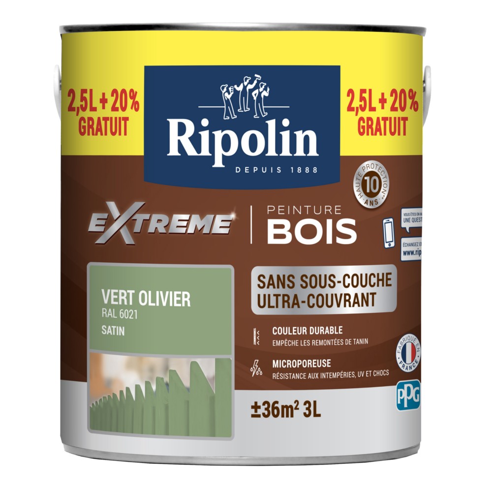 Peinture bois Extrême 2,5L vert olivier + 20% gratuit