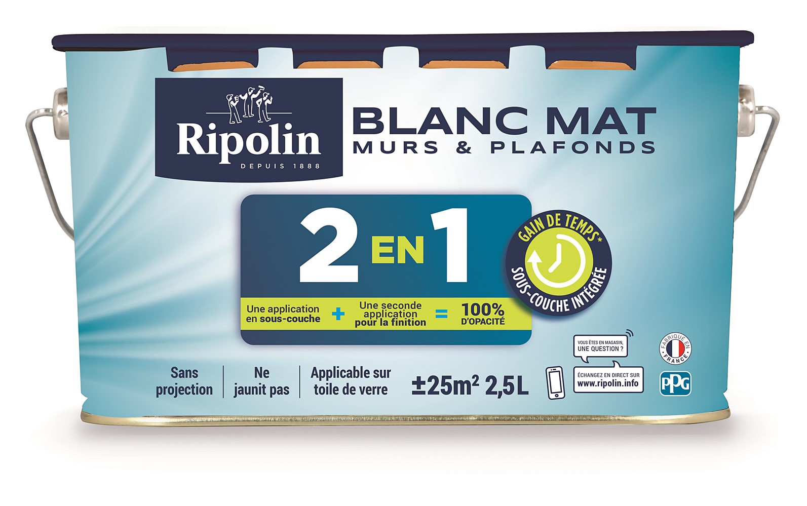 Mur & Plafond 2En1 Blanc Mat 2,5L - RIPOLIN