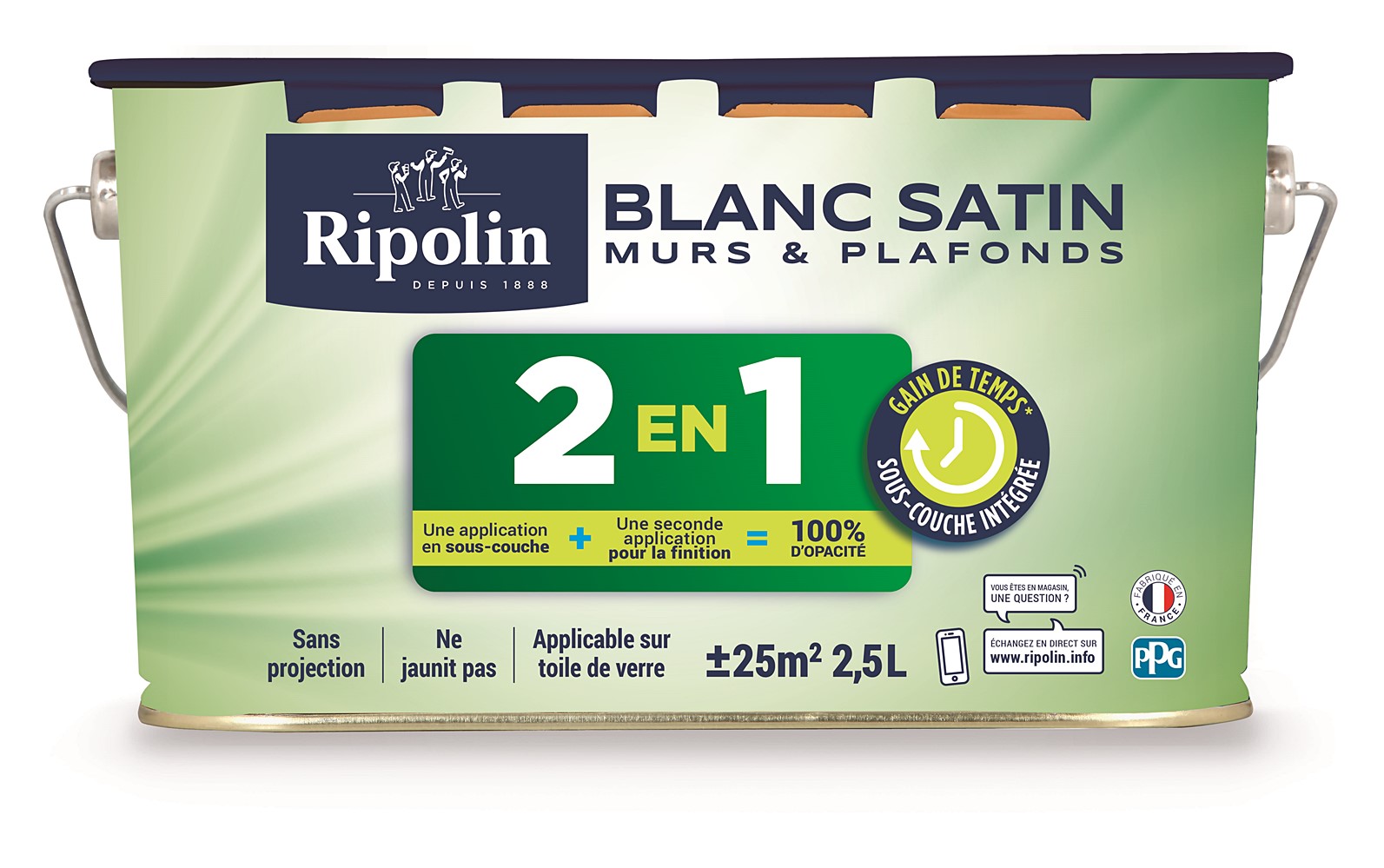 Mur & Plafond 2En1 Blanc Satin 2,5L - RIPOLIN