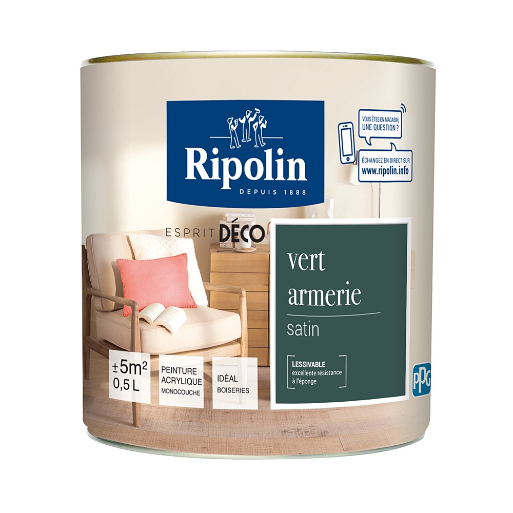 Peinture multisupport Esprit déco satin 0,5L vert armerie RIPOLIN