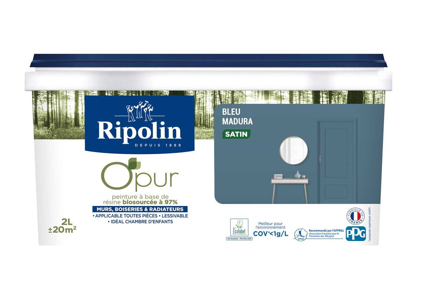 Peinture O'Pur Satiné Bleu Madura 2L - RIPOLIN