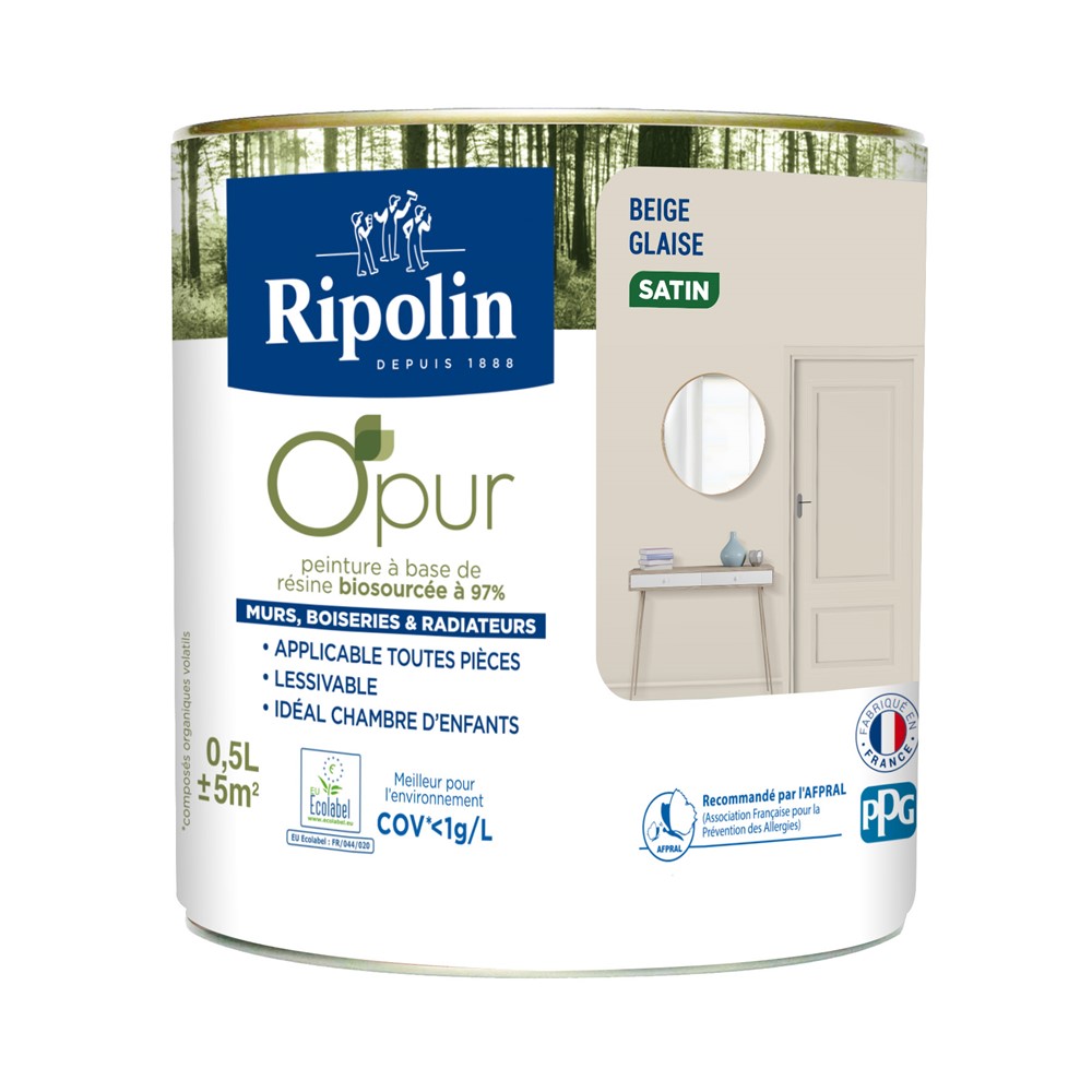 Peinture O'Pur Satiné Beige Glaise 0,5L - RIPOLIN