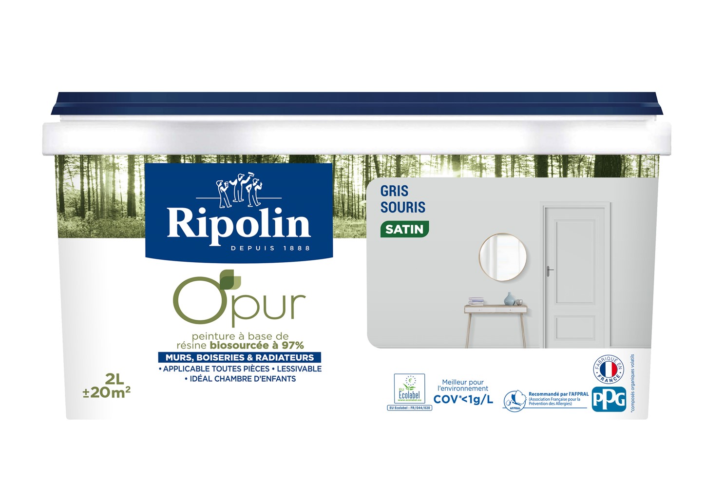 Peinture O'Pur Satiné Gris Souris 2L - RIPOLIN