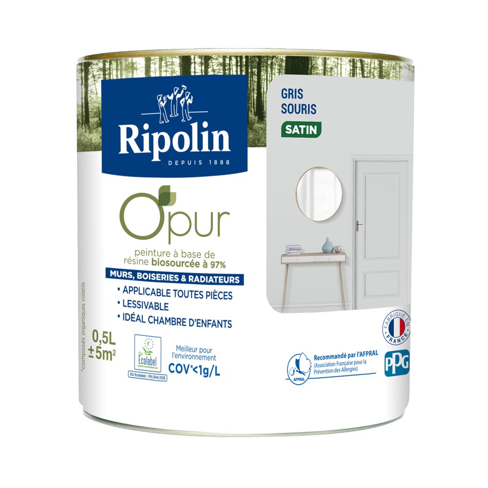 Peinture O'Pur Satiné Gris Souris 0,5L - RIPOLIN