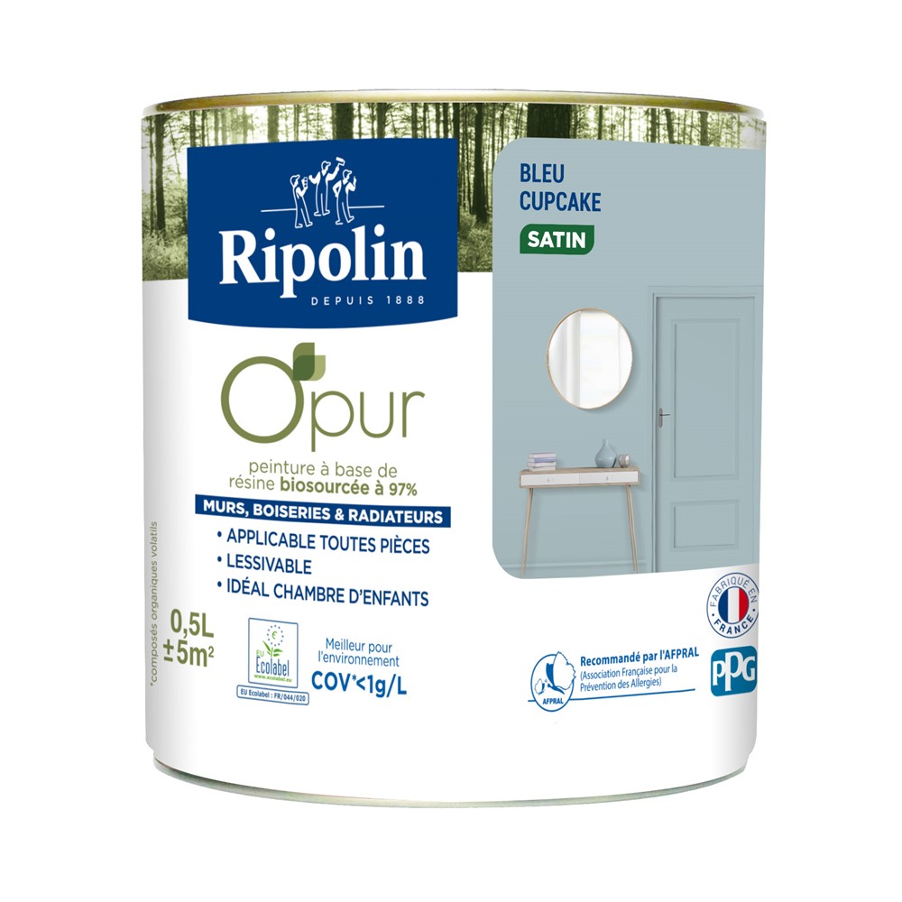 Peinture O'Pur Satiné Bleu Cupcake 0,5L - RIPOLIN