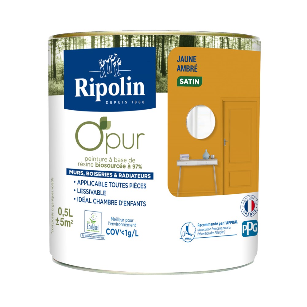 Peinture O'Pur Satiné Jaune Ambre 0,5L - RIPOLIN