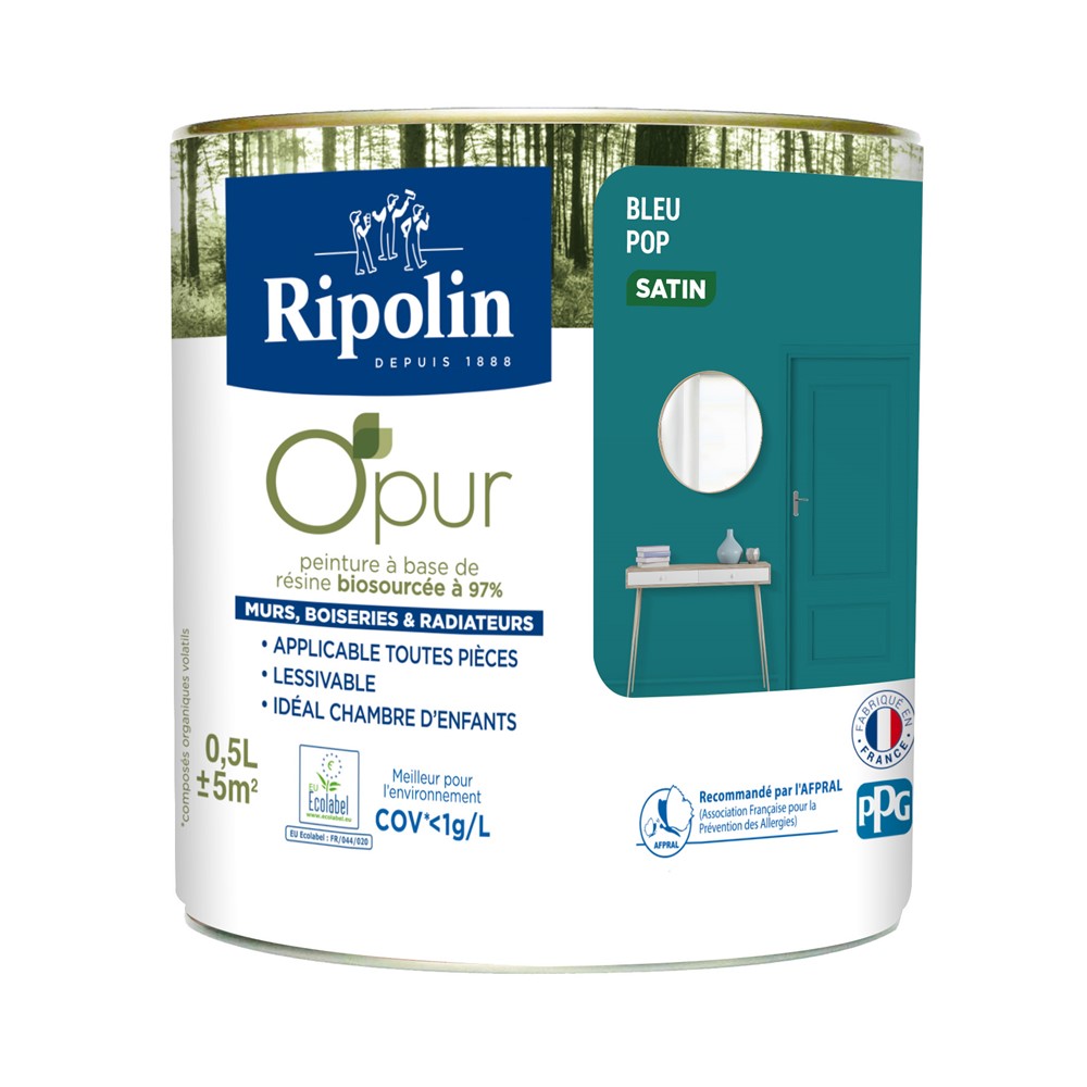 Peinture O'Pur Satiné Bleu Pop 0,5L - RIPOLIN