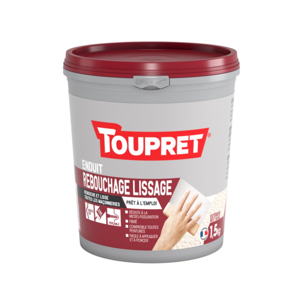 Enduit Rebouchage Lissage 2 en 1 pâte 1,5 kg blanc - TOUPRET 