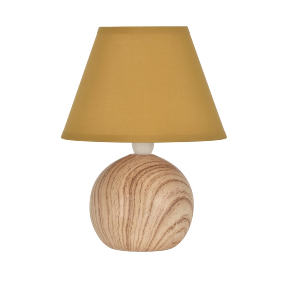 Lampe boule céramique effet bois. Abat-jour conique en coton.