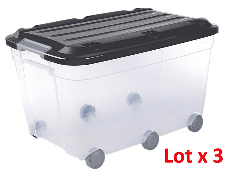 Lot x3 bac de rangement 60L avec roulettes - SUNDIS