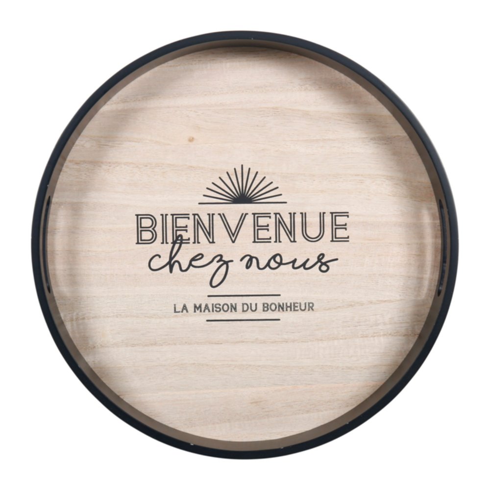 Plateau rond Bienvenue D35 x H5 cm noir/bois - OSTARIA