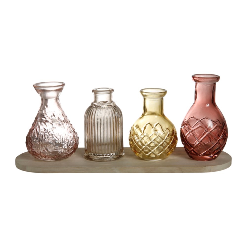 Set de 4 vases sur plateau bois 30 x 12,5 x 10 cm - OSTARIA