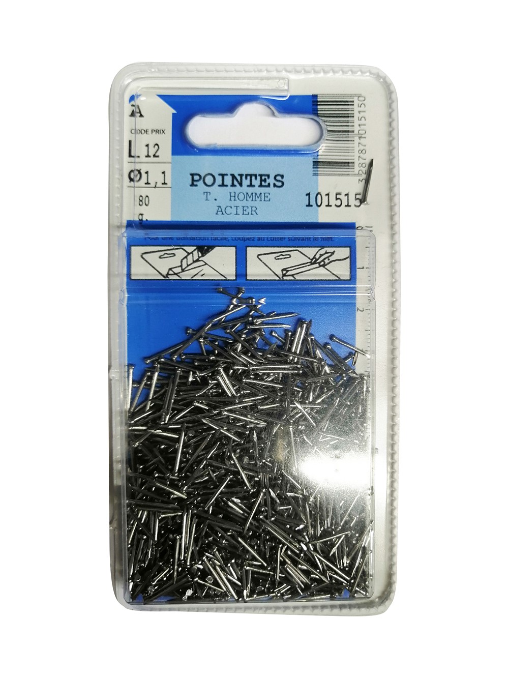 Pointes tête homme en acier L.12mm ø1,1mm 80g