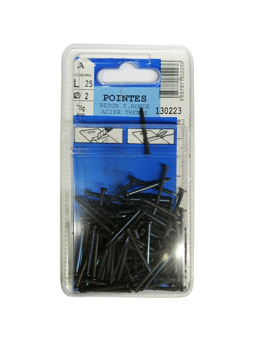 Pointes béton tête ronde en acier trempé L25 ø2 75g