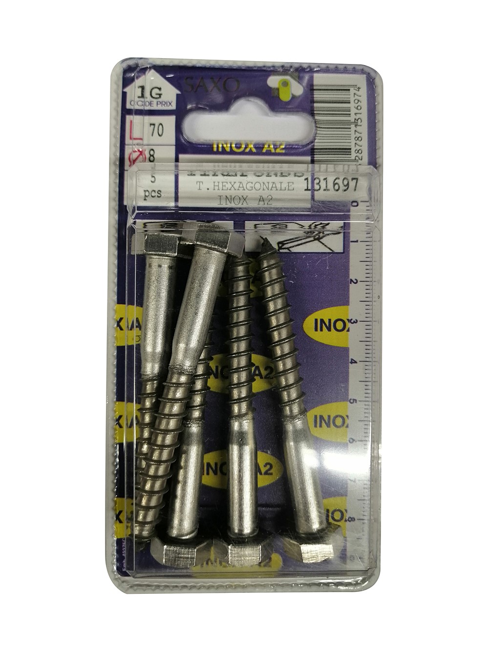 Tirefonds tête hexagonale inox A2 L.70 ø8mm - Les 5 pièces