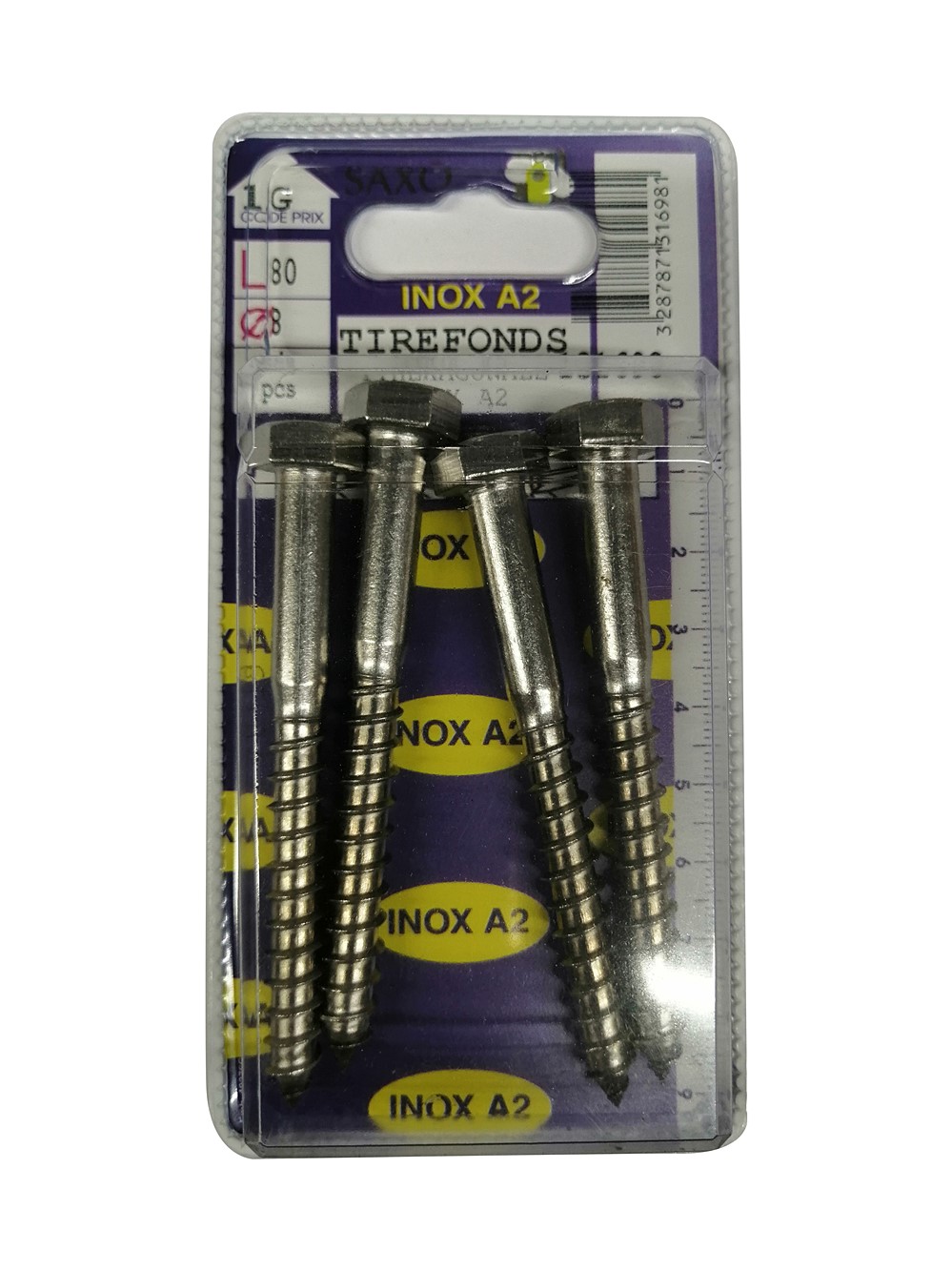 Tirefonds tête hexagonale inox A2 L.80 ø8mm - Les 4 pièces