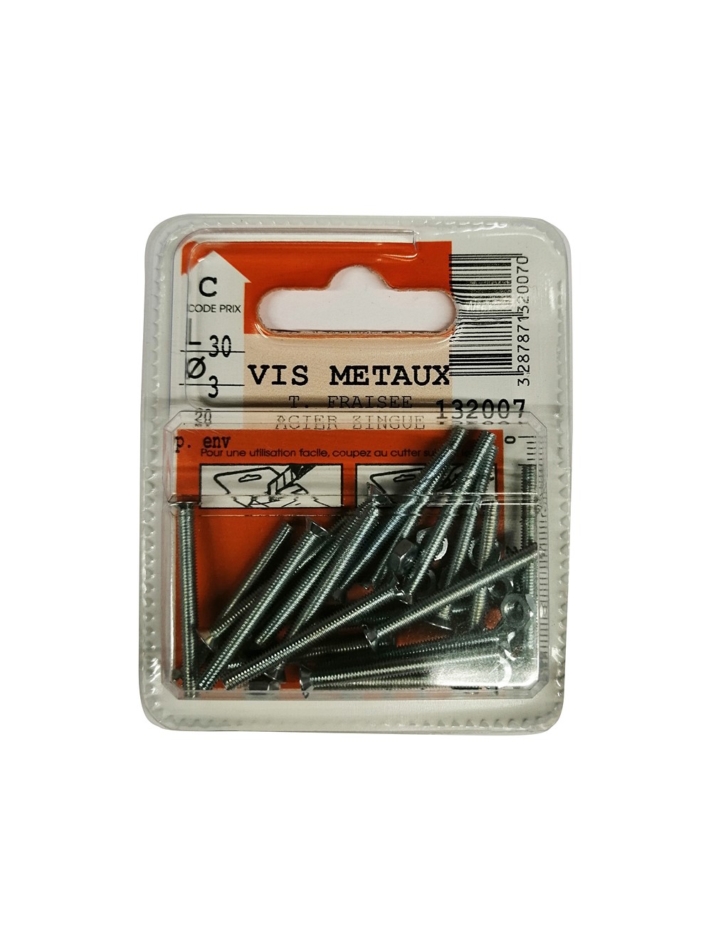 Vis métaux tête fraisée acier zingué 30x3mm - 20 pièces