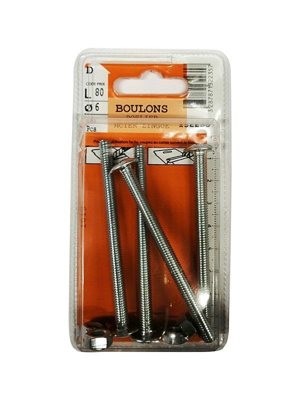 Boulons poêlier acier zingué L.80 ø6mm - Les 4 pièces