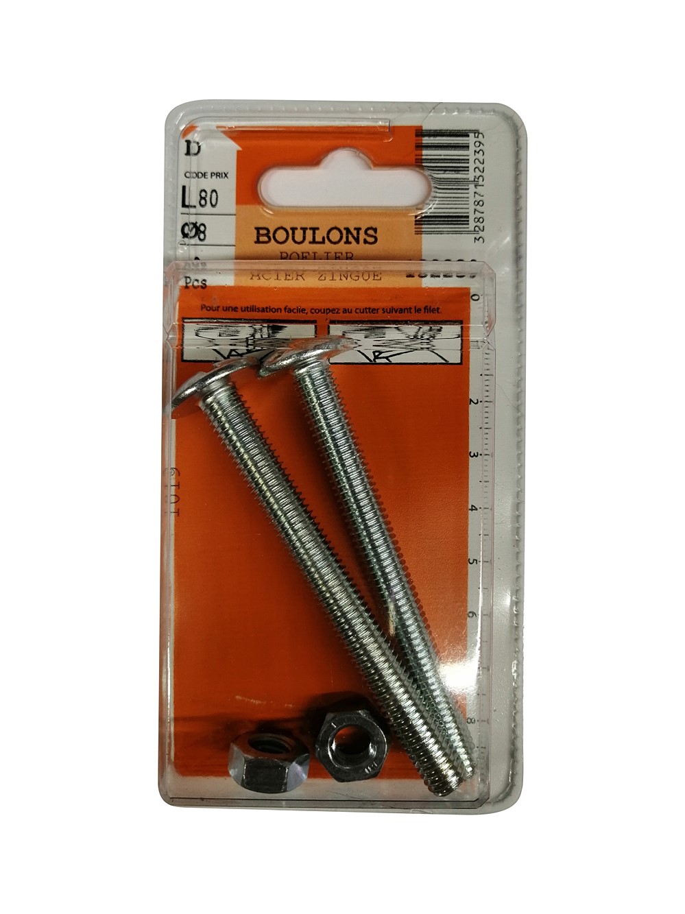 Boulons poêlier acier zingué 8x80mm - Les 2 pièces