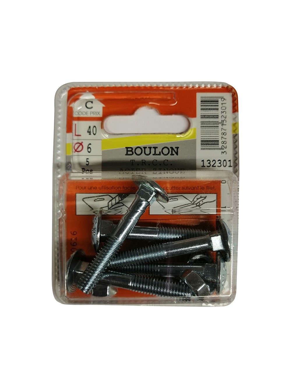 Boulons TRCC acier zingué 6x40mm - Les 5 pièces