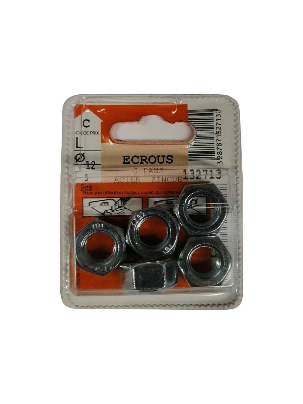 Ecrous 6 pans acier zingué ø12mm - Les 5 pièces