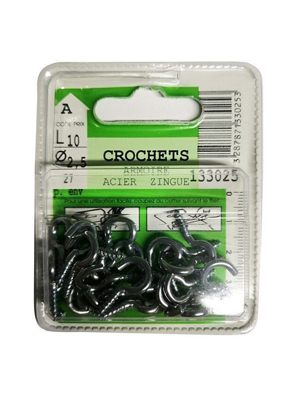 Crochets armoire acier zingué L.10 ø2,5mm - Les 27 pièces