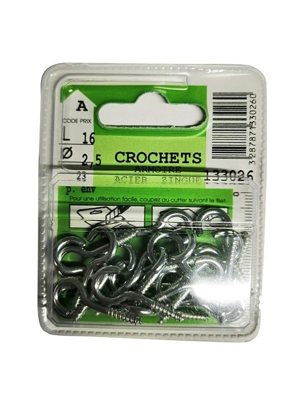 Crochets armoire acier zingué L.16 ø2,5mm - Les 23 pièces